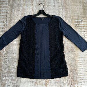 Ann Taylor Dark Blue T-Shirt Top Blouse Shirt w/Black Lace Size Small